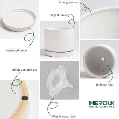 HERDUK 6 Inch Plant Pots, Ceramic Planter Pot with Drainage Hole & Saucer, Indoor/Outdoor Cylinder Round Planter Pot, Green & Beige