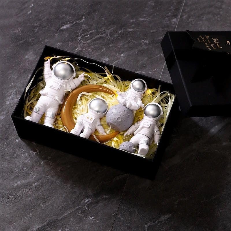 Blue White Astronaut Statues Set of 4, Spaceman Sculpture Figurines Outer Space Theme Decor for Nursery Room Cake Topper