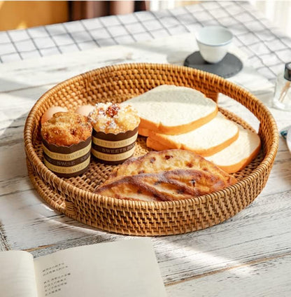 13.8 inch Round Rattan Tray, Decorative Coffee Table Tray, Ottoman Tray, Woven Serving Tray with Handles, Wicker Serving Basket, Whitewash