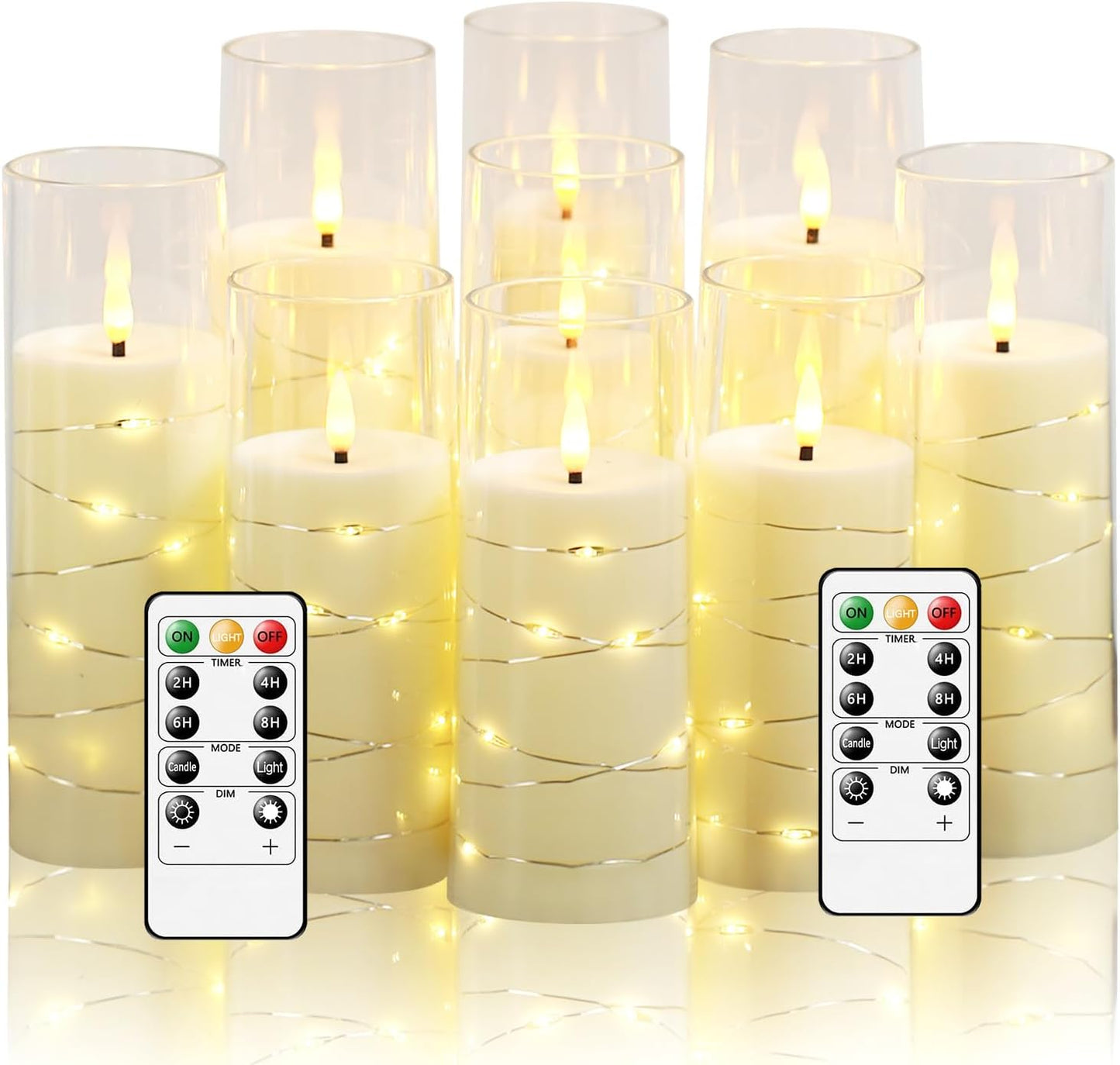 Nimiko Flickering Flameless LED Candles, 9 Pcs with Embedded Star String, Acrylic LED Pillar Candles with Remote, Suitable for Home Decoration (White)