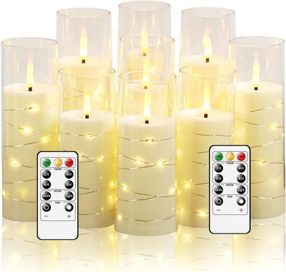 Nimiko Flickering Flameless LED Candles, 9 Pcs with Embedded Star String, Acrylic LED Pillar Candles with Remote, Suitable for Home Decoration (White)