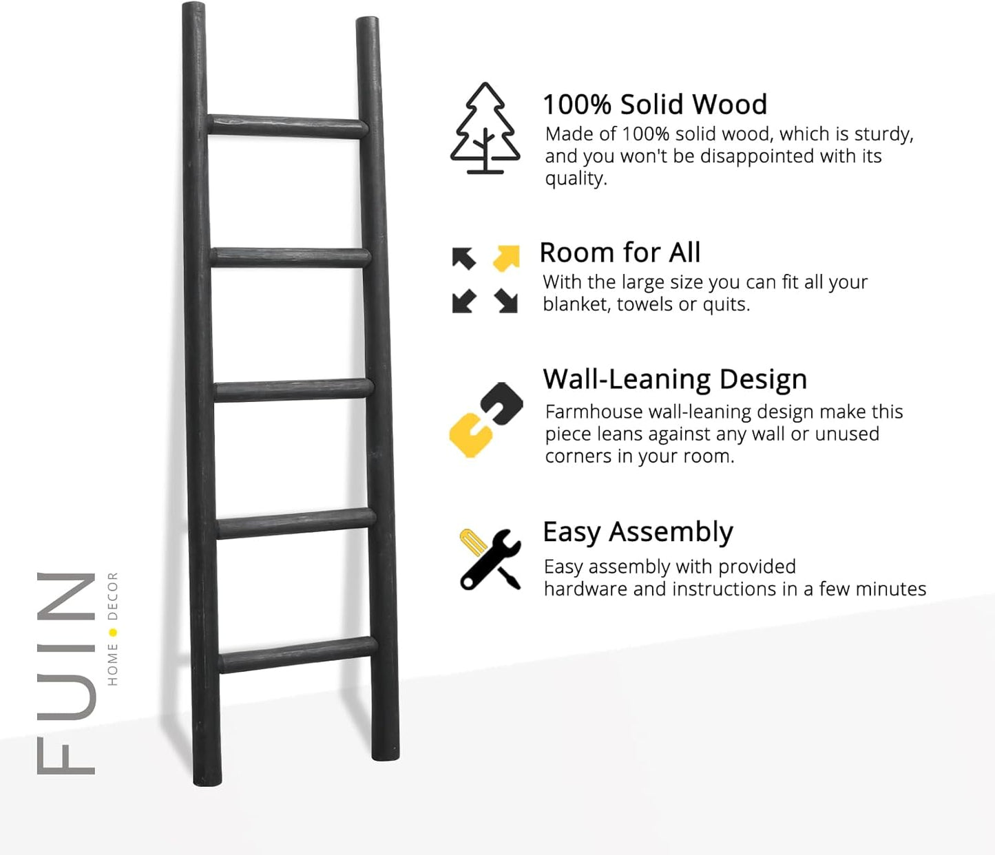 FUIN 57in Wood Blanket Ladder Living Room Decorative Wall Leaning Farmhouse Quilt Display Holder Rustic Wooden Towel Rack for Bathroom, Brown
