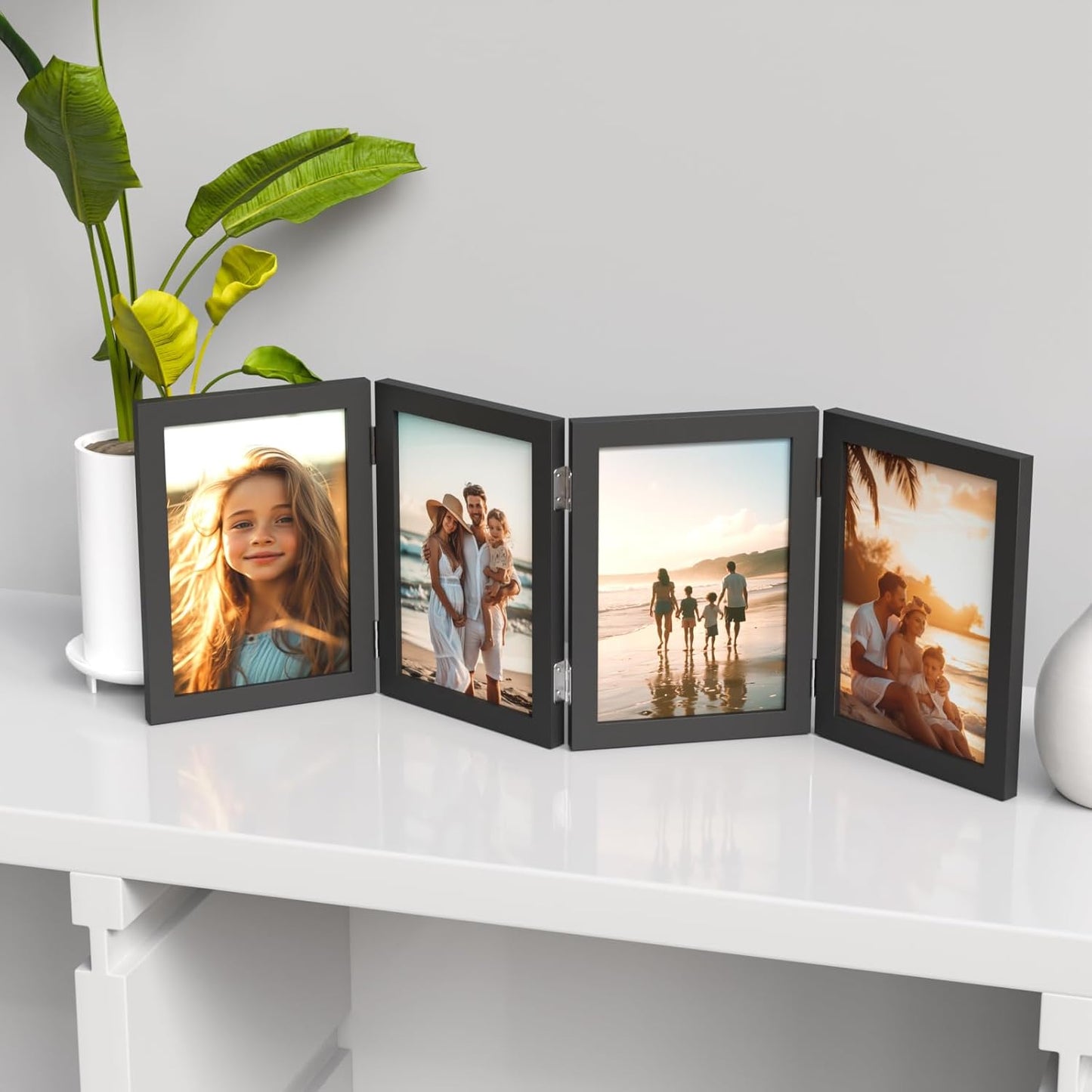WARM&LOVE 6 Picture Frame, 4x6 & 4x4 Six Folding Hinged Photo Frames, Rustic Wood Desk Family Photo Collage Stand Vertical on Tabletop for Birthday Family Lover Gift (Black)