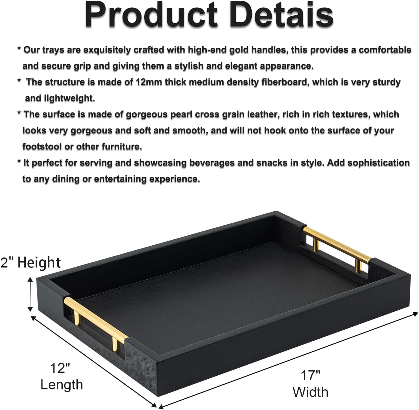 Beige Faux Leather Serving Tray with Handles – Large Decorative Tray for Coffee Table, Ottoman, Living Room, Bathroom – Home Decor