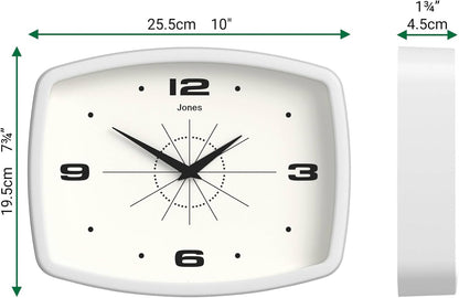 JONES CLOCKS® Movie wall Clock | Retro Rectangular Clock | 10 inch | Orange | Cool mid-Century Designer Look for Kitchen, Living Room or Office