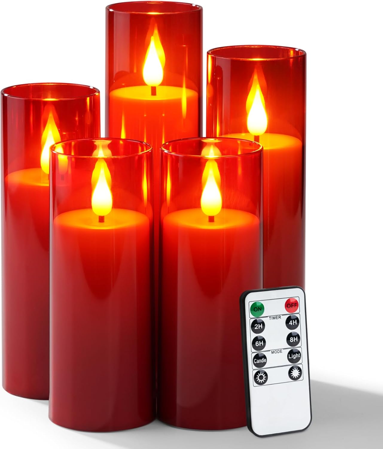 Amagic Pure White Flameless Candles, Battery Operated Candles, Acrylic Flickering LED Pillar Candles with Remote Control and Timer, 3D Wick, Yellow and Blue Glow, D2.2 xH5 5" 6" 7" 8", Set of 5