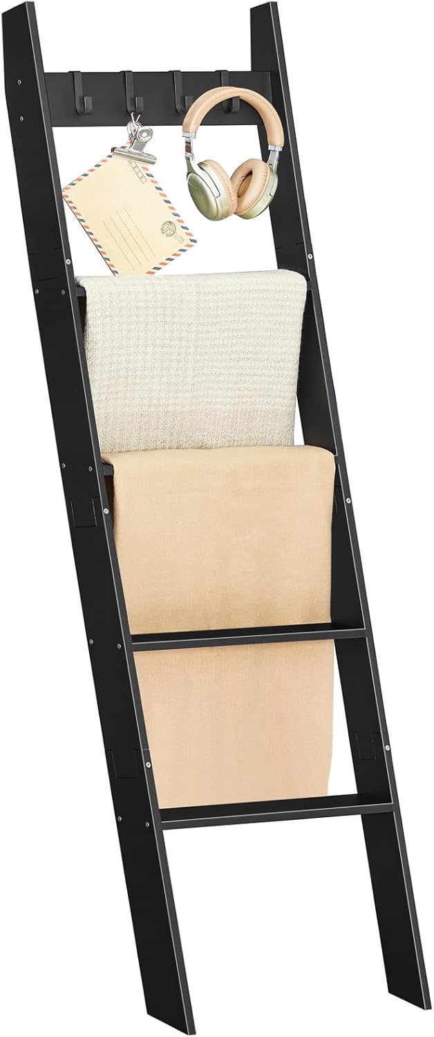 HOOBRO Blanket Ladder for Living Room and Bedroom, 5-Tier Wall Leaning Towel Rack for Bathroom, Decorative Ladder Shelf with 4 Removable Hooks, Farmhouse Blanket Storage, Mocha MA51CJ01G1