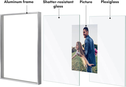 Americanflat Aluminum 11x14 Floating Picture Frame with Shatter-Resistant Glass - Use as 8x10 Picture Frame or Display 11x14 Photo - Signature Float Collection - Photo Frames for Wall Display - Black