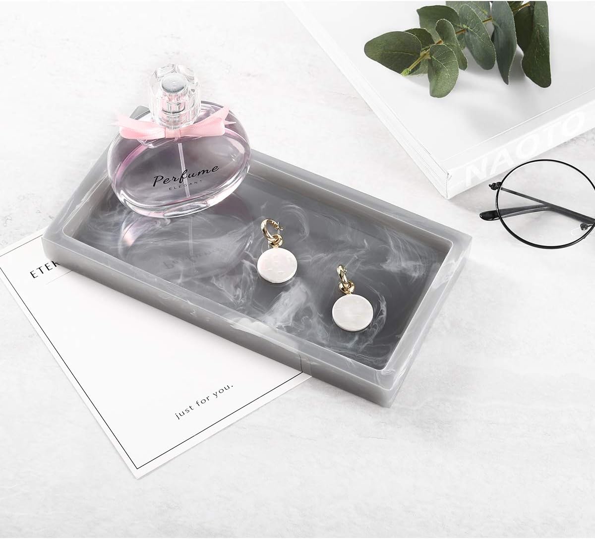 Luxspire Bathroom Vanity Tray, 8 x 4 inch Resin Kitchen Sink Tray for Soap Dispenser Bathroom Countertop Organizer Plate Holder for Perfume Soap Towel Bathroom Accessories, Mini, White Marble