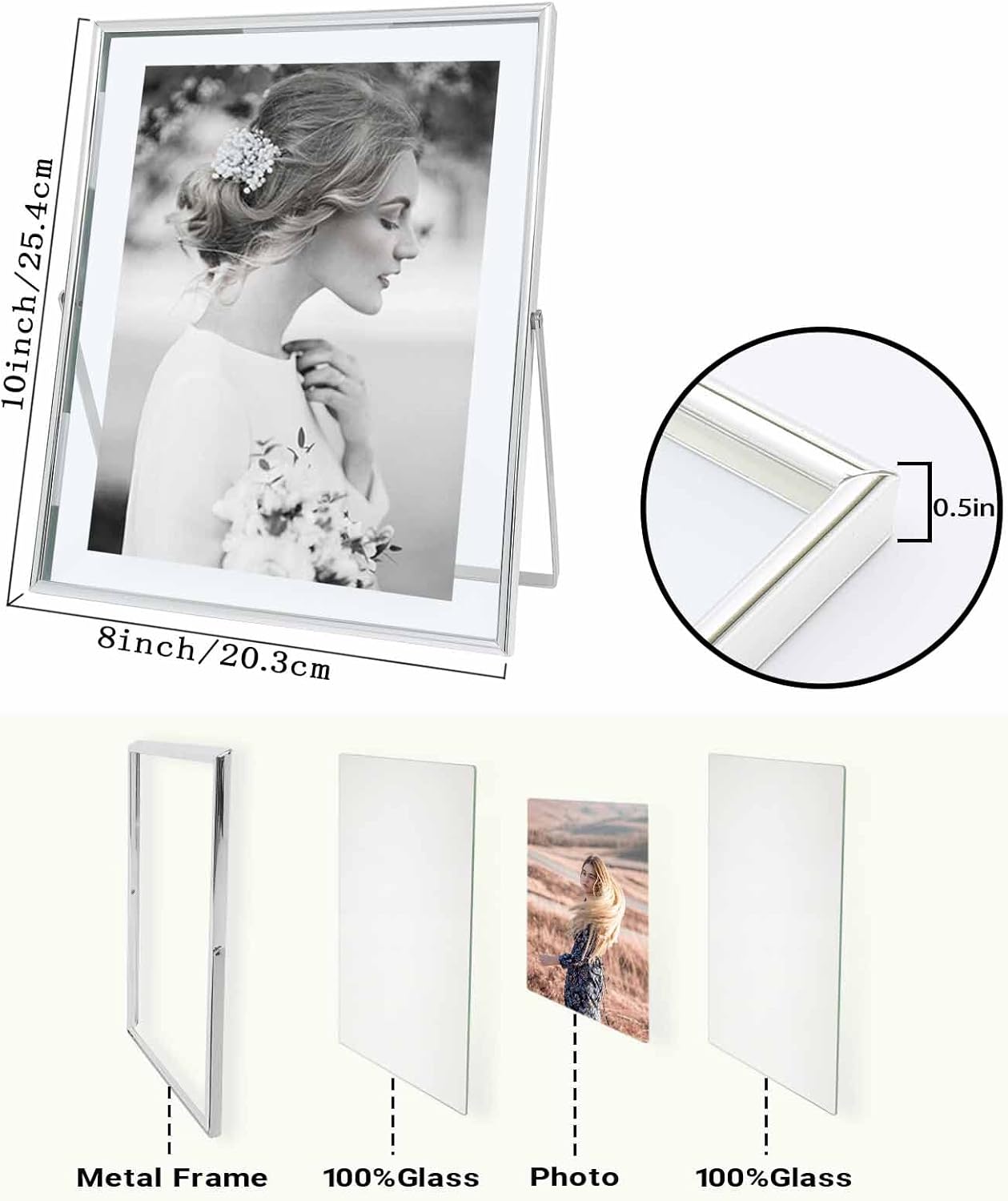 Qiannhee 8x10 Floating Frames Set of 2, Double Glass Desktop Picture Frames, Holds Multiple Photo Sizes, Photo Frame with Metal Stand