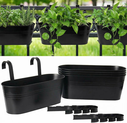 vensovo 16 Inch Railing Planter for Outdoor Plants - 3 Pack Large Metal Balcony Hanging Planters with Detachable Hooks and Drain Holes Oval Box Rail Pots for Home Garden Fence, Black