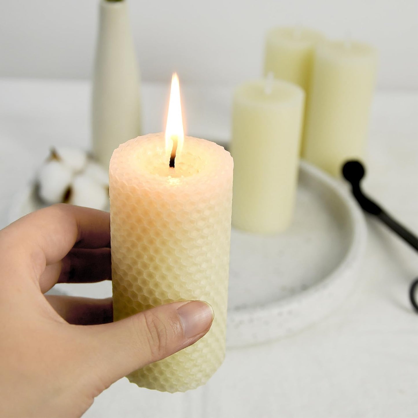 White Roll 2packs Bee swaxs Pillar Candles,Honeycamb Pillar Candle Set of 2 - Dripless and Smokeless,Approx 30 Hours Hurn for Home Decor,Party Wedding, Dinner