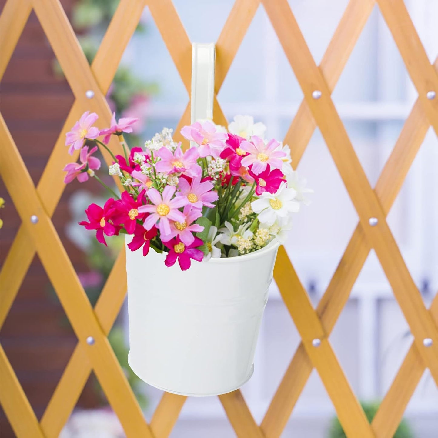 KINGLAKE Flower Pots,10 Pcs Metal Iron Hanging Flower Plant Pots Balcony Garden Plant Planter Baskets Fence Bucket Pot 4'' Flower Holders with Detachable Hook