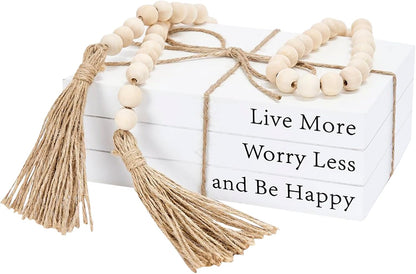 Decorative Books for Home Decor, White Faux Books for Decoration, Rustic Farmhouse Stacked Display Books with 52in Wood Bead Garland for Coffee Tables Living Room (TAKE TIME to DO)