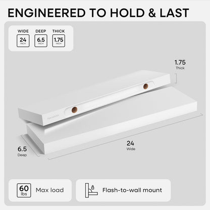 Homeforia 24 inch Natural Floating Shelf, High End Solid Real Wood 24inch Small Floating Shelves for Wall Mounted, Natural Wooden Floating Shelves, Heavy Duty Bracket, 24 X 6.5 X 1.75 in, Set of 2