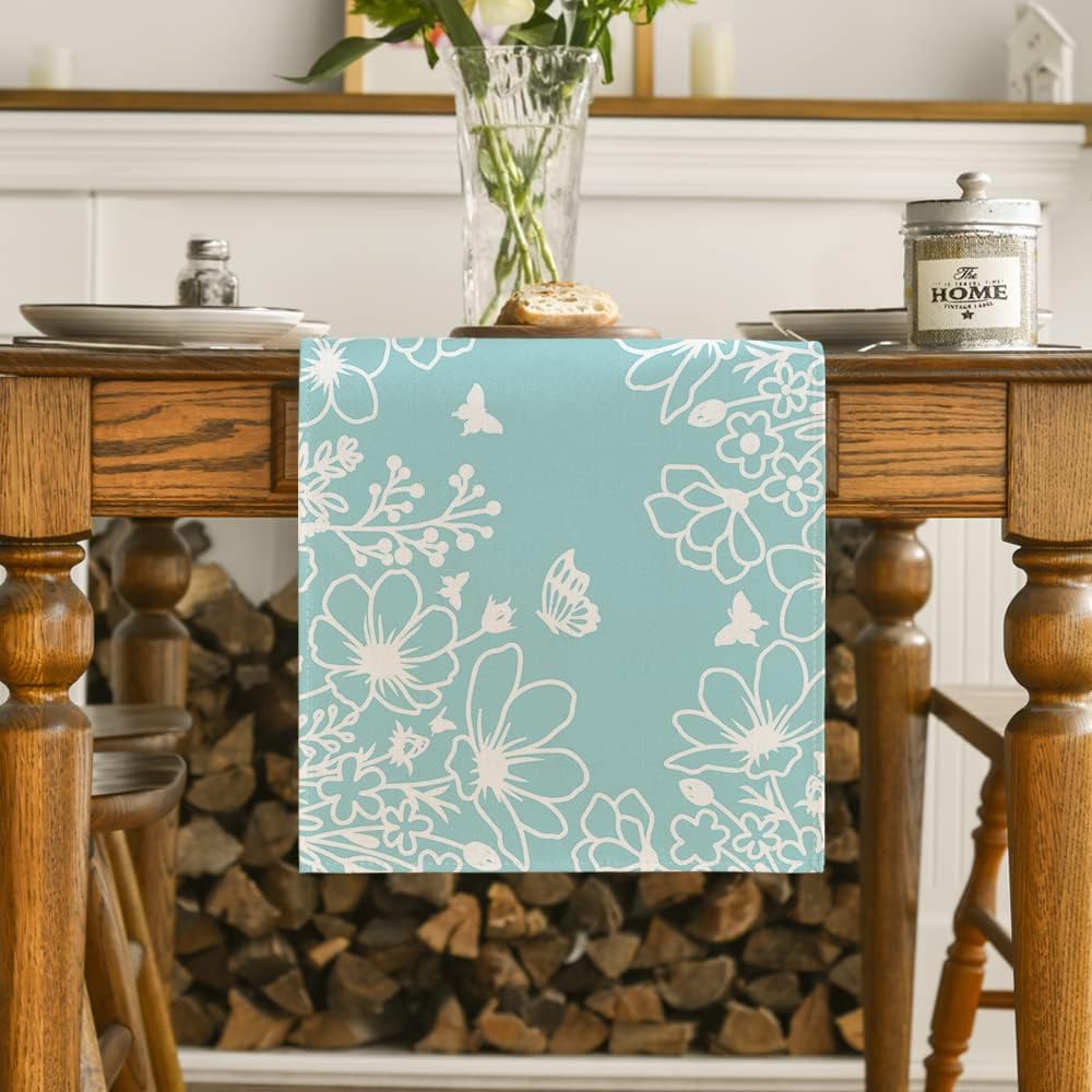 Artoid Mode Pink Bloom Flowers Butterfly Spring Table Runner, Seasonal Holiday Kitchen Dining Table Decoration for Home Party Indoor 13x72 Inch
