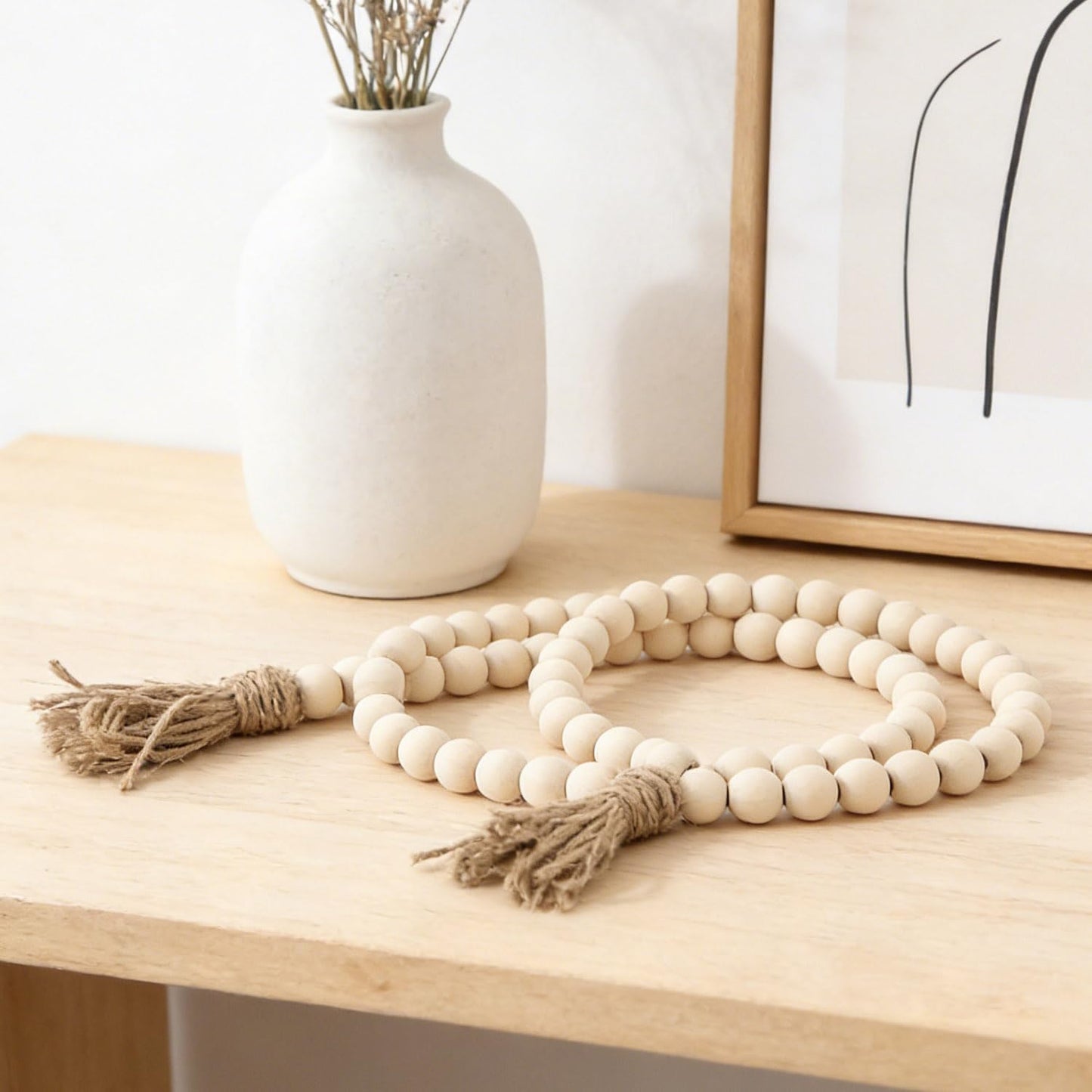 Farmhouse Decor, 59in Wooden Beads Garland with Tassels, Rustic Farmhouse Prayer Boho Beads for Coffee Table Wall Country Decor