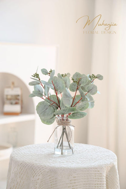Muhanjia Artificial Eucalyptus Stems in Glass Vase with Faux Water,3Pcs Fake Plant with Double-Sided Green Leaves for Centerpiece(Double-Sided Green Eucalyptus)