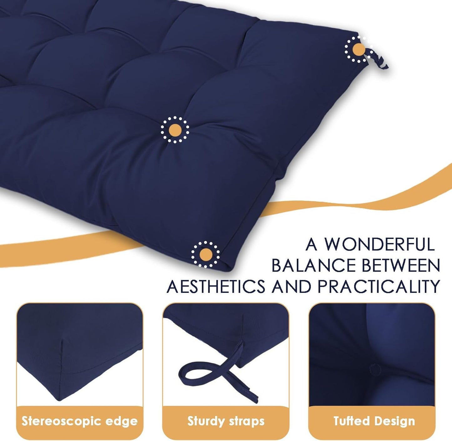 MTMR Outdoor Bench Cushion-44X19 Water-Repellent Tufted Porch Swing Cushions with High Elasticity PP Cotton and Ties Fade-Resistant Patio Outdoor Chair Cushion for Bench Furniture, Indoor Seat Cushion