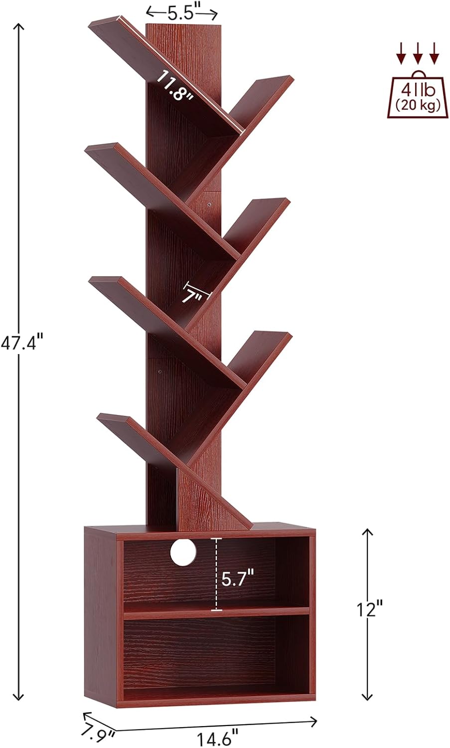 SUNMORY 6 Tier Tree Bookshelf, Small Bookcase with Storage Cabinet, Modern Tall Narrow Bookshelves Organizer, Floor Standing Book Shelf for Bedroom/Living Room/Home Office/Corner, Rustic Brown