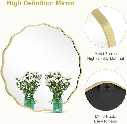 WallBeyond Round Wavy Mirror for Wall Decorative 24 inch, Modern Round Mirror Aluminum Frame for Bathroom Bedroom Living Room Home House Office Entryway, Gold