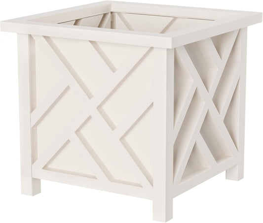 Lattice Design Outdoor Planter Box - 14.75” Square 13” Tall White Plant Pot - Decorative Plant Pots for Front Porch Decor - Flower Pots Outdoor Planters for Porch Patio or Garden Decor by Pure Garden