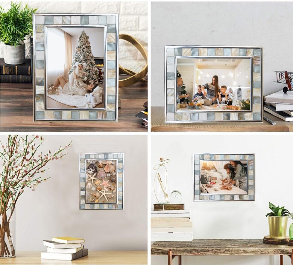 Silver Plate Picture Frame 5x7 Mother of Pearl 5 by 7 Photo Frame Mosaic Glass Tabletop Frame (Grey+ White,1pc)