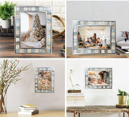 Silver Plate Picture Frame 5x7 Mother of Pearl 5 by 7 Photo Frame Mosaic Glass Tabletop Frame (Grey+ White,1pc)