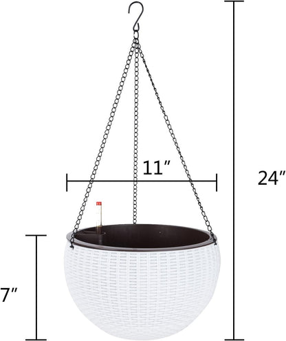 Vencer 11 Inch Round Resin Rattan Hanging Planters,Self Watering Hanging Basket for Indoor Outdoor Plants,Hanging Flower Pots with Drain Hole and Metal Chain,Water Indicator,Coffee,VF-A15-C