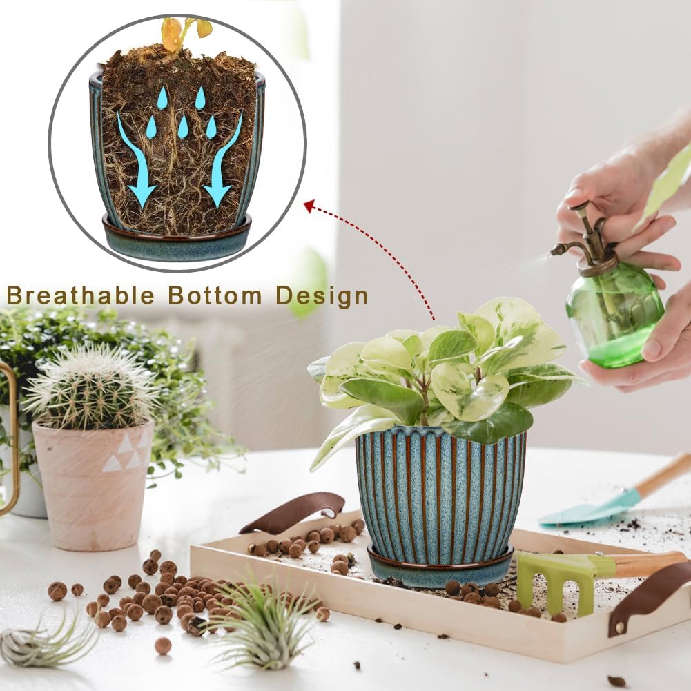 Oairse Ceramic Pots for Indoor Plants, 4.9 +5.7 inch Set of 2 Brown Plant Pots with Drainage Holes and Saucers Texture Ceramic Planters Indoor Outdoor Flower Planters for Succulent