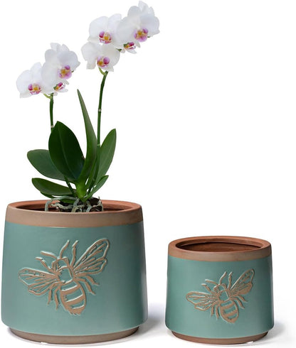 YBX 8 Inch + 6 Inch Ceramic Plant Pots, Succulent Flower Pots with Drainage Holes, Terracotta Planters for Indoor Plants, White&Terracotta (Garden)