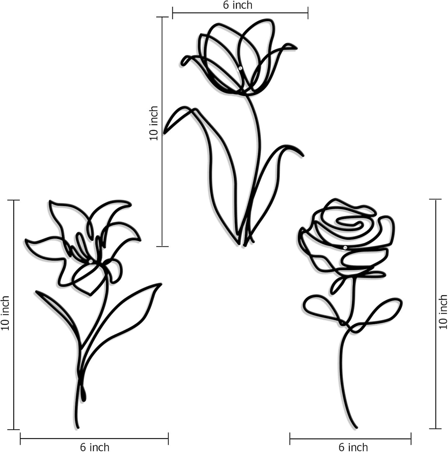 Oubasa Metal Flowers Wall Art Set of 3, Farmhouse Floral Home Decoration, Modern Line Art Flower Wall Decor for Living Room Bedroom Bathroom, Minimalist Botanical Wall Sculpture – Lily, Tulip, Rose