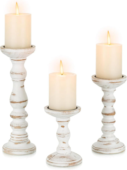 Candeldo Wood Candle Holders for Pillar: Rustic Candles Holder Set of 3 Tall Table Centerpiece Shabby Chic Decor Wooden White Farmhouse Decorations for Fireplace Mantle