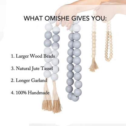 OMISHE Extra Large Wood Bead Garland with 1.6" Diameter Wooden Beads and Tassels, 41" Long Rustic Farmhouse Country Decorative Beads for Home Tiered Tray Decor, Natural Beige