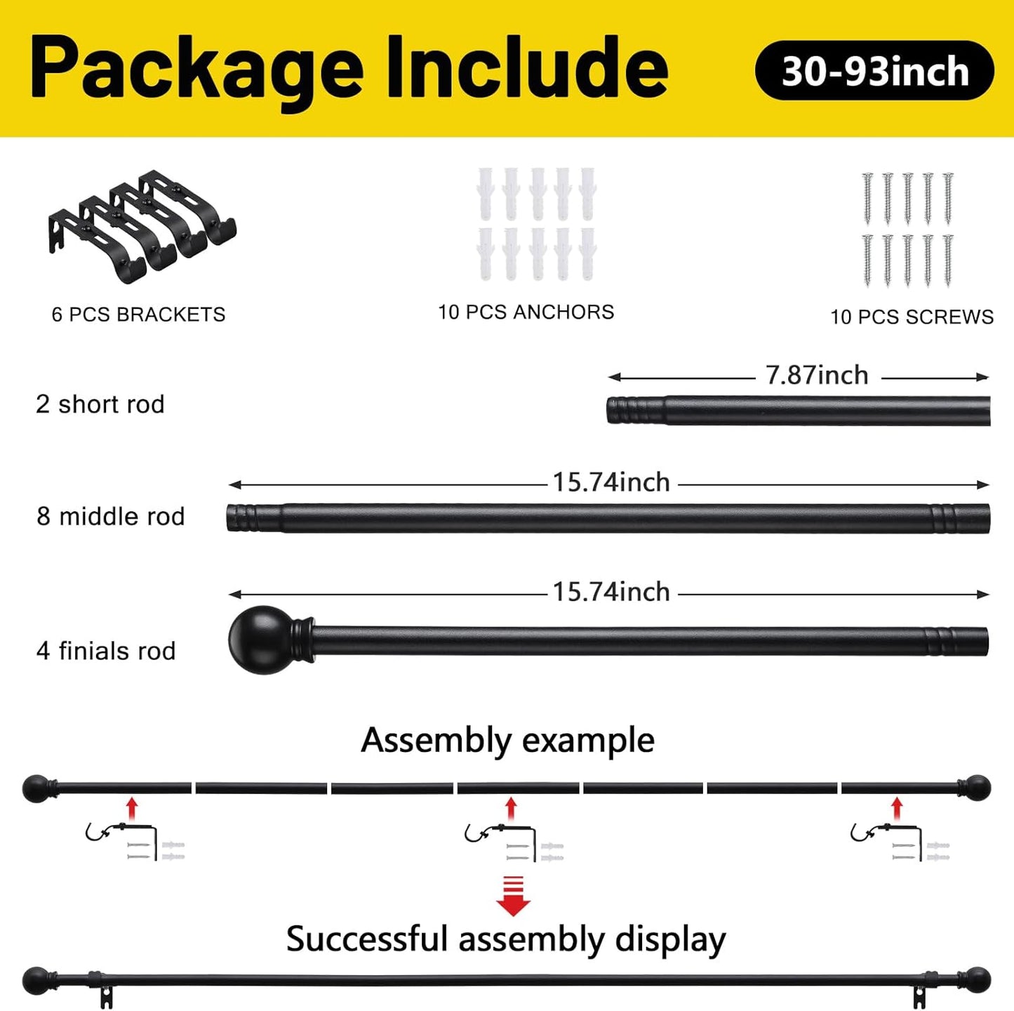 2 Pack Black Curtain Rods for Windows 28 to 48 inch, 5/8 inch Small Cafe Window Curtain Rods, Short Drapery Rod for Bedroom Kitchen (Size：30-50 Inch, Matte Black)