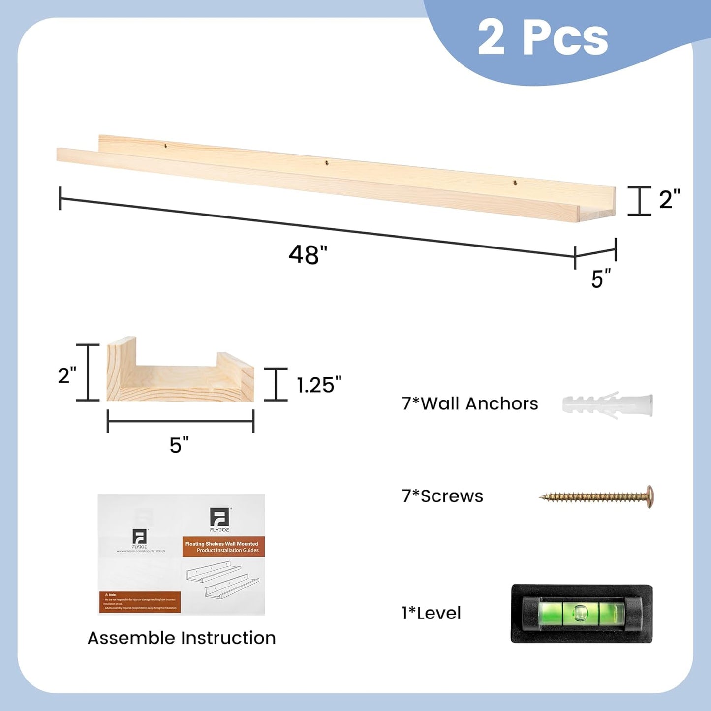 FLYJOE Picture Ledge Shelf, Floating Shelves Set of 2, Solid Pine Wood 55'' Long Large Nursery Book Shelves for Toys Storage, Kids Bookshelf for Living Room Bedroom Decor Books Photo Frames, Walnut