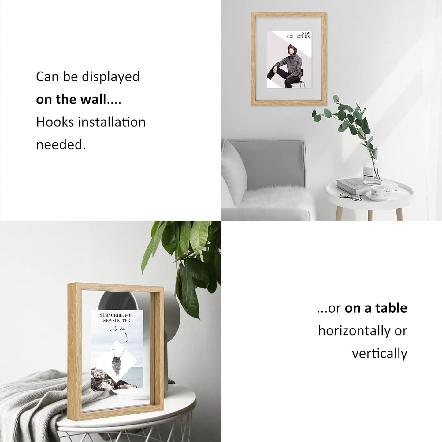 MUYE 11x14 Floating Frame Set of 2,Double Glass Rustic Frame,Display Any Size Photo up to 11x14,Wall Mount or Tabletop Standing,Natural