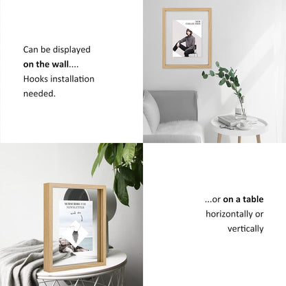MUYE 11x14 Floating Frame Set of 2,Double Glass Rustic Frame,Display Any Size Photo up to 11x14,Wall Mount or Tabletop Standing,Natural