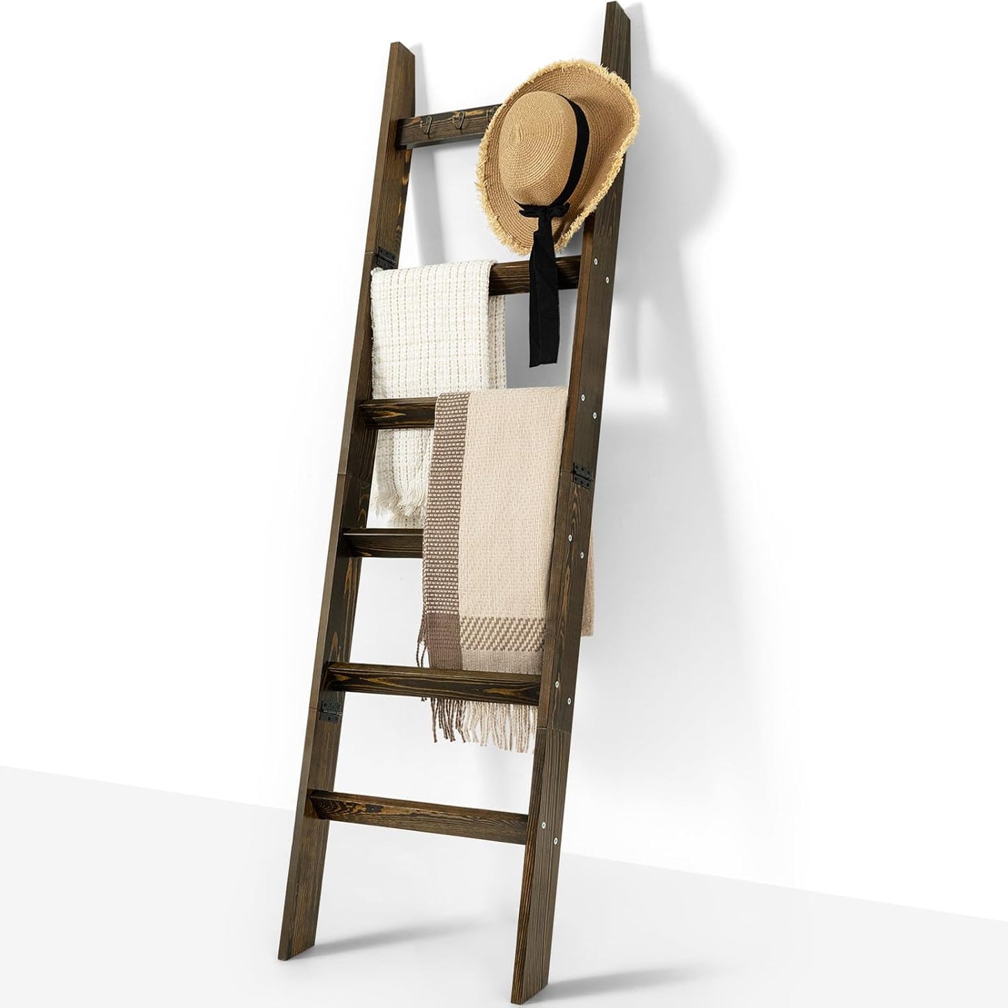 TEAKMAMA 6-Tier Blanket Ladder for Living Room and Bedroom,5.4 Ft Wall Leaning Quilt Rack with Hooks,Rustic Decorative Farmhouse Blanket Storage,Stylish Ladder Holder,Christmas Decorations,Black