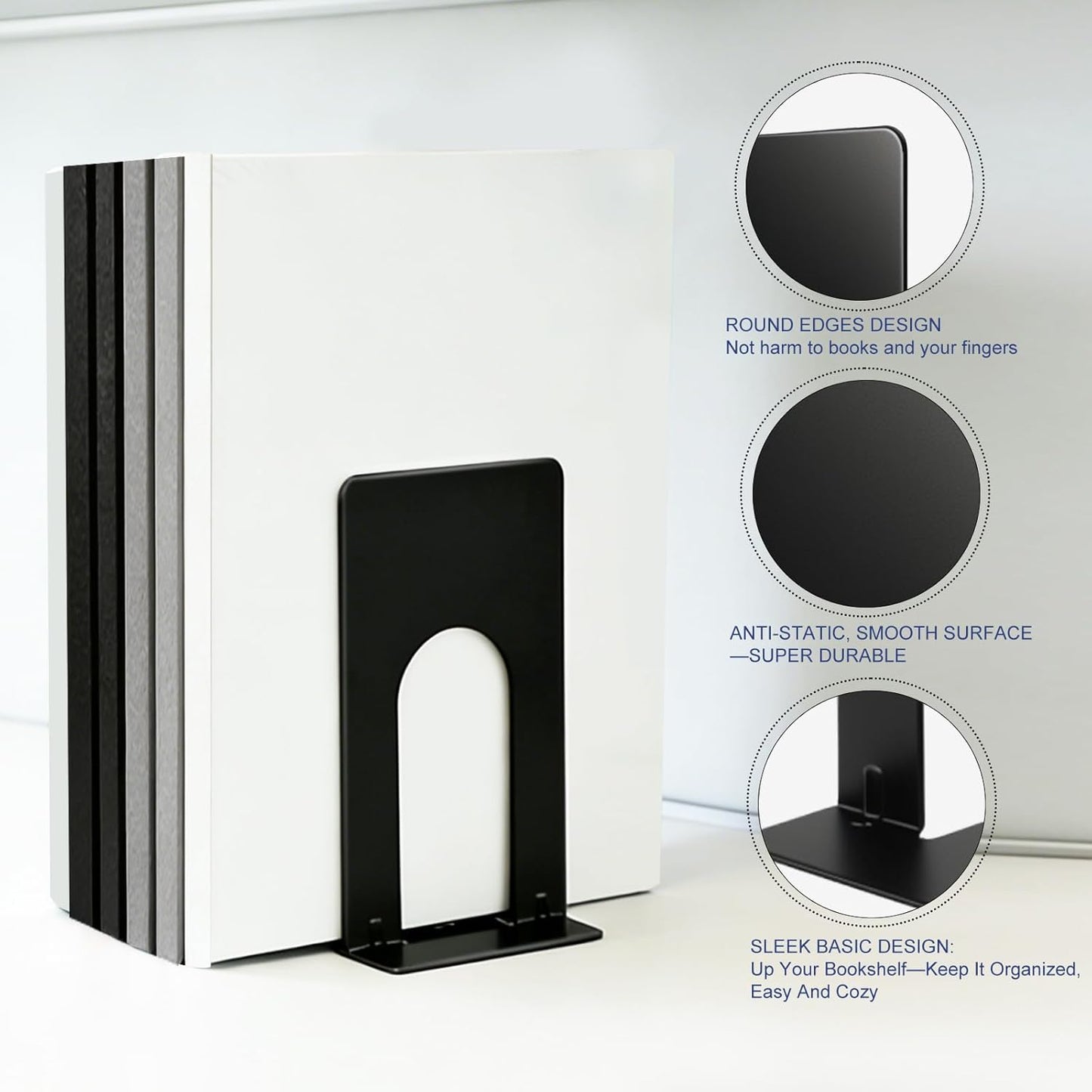 Book Ends for Shelves, 4 Pack Metal Bookends, Compact Book Stopper for Small Books, CDs, Vinyl Records, Desk & Classroom Organizer, 3.9x2.8x5.2 Inch, Gift for Book Lovers