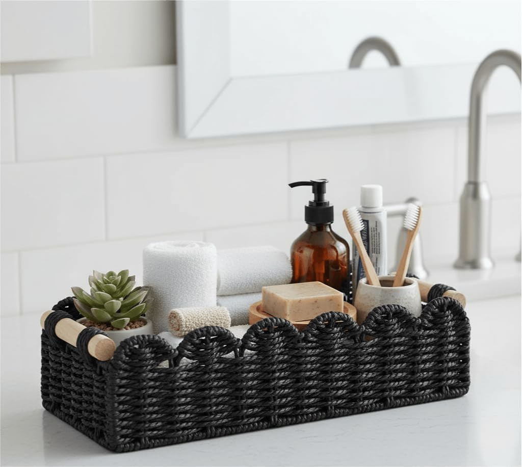 CubesLand Paper Rope Scalloped Edge Toilet Paper Storage Basket, Small Living Room, Bedroom Decor Baskets for Over Toilet Storage Shelf, End Table, Shelves and More, with 2 Wooden Handle, Neutral