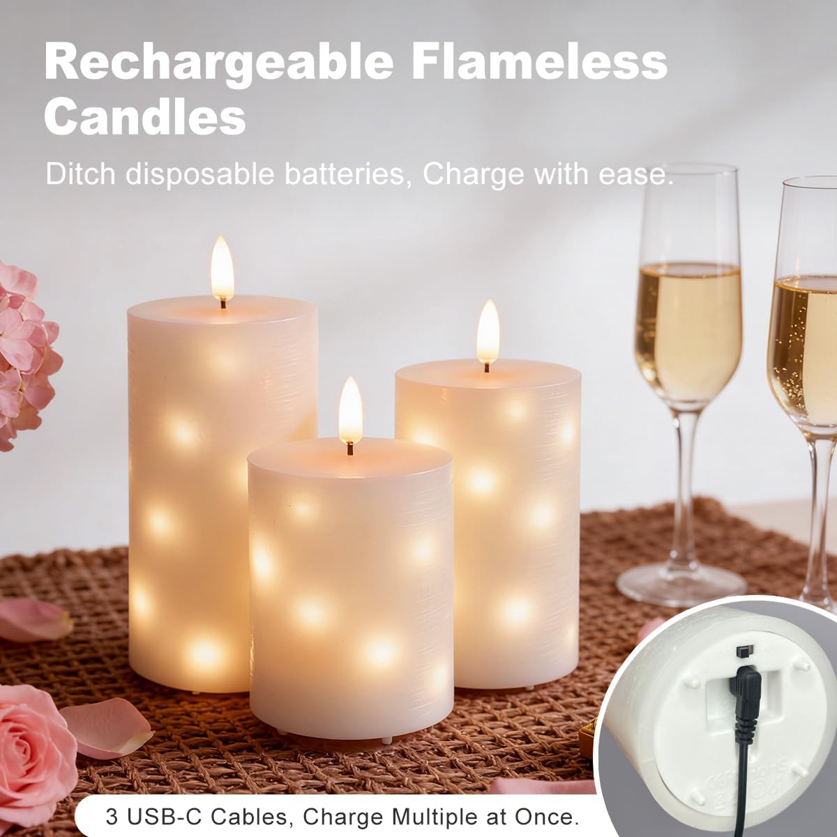 Rechargeable Flameless Glass Pillar Candles–Gifts for Women,–Set of 3, Realistic Flickering LED Light,Remote & Timer, Ideal for Living Room, Bedroom & Festival Wedding Home Party Decor