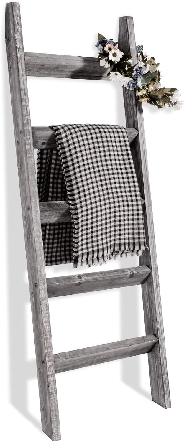 FUIN 5ft (58") Wood Blanket Ladder Living Room Decorative Wall Leaning Farmhouse Quilt Display Holder Storage Rustic Wooden Towel Rack for Bathroom, Brown