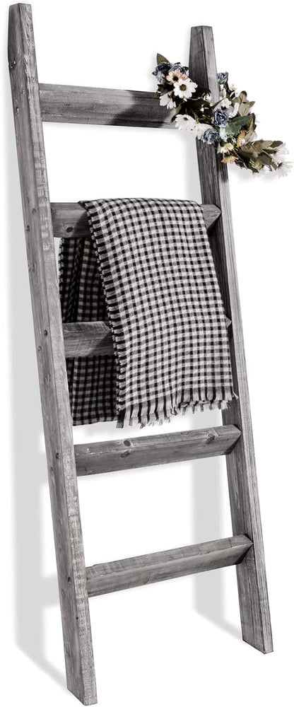 FUIN 5ft (58") Wood Blanket Ladder Living Room Decorative Wall Leaning Farmhouse Quilt Display Holder Storage Rustic Wooden Towel Rack for Bathroom, Brown