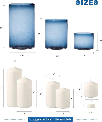 Hurricane Candle Holders for Pillar Hand Blown Glass Cylinder Vases Table Centerpiece Bulk Room Decor Clear Seeded Bubbles Living Dining Kitchen Island 10" 7" 4" Set of 3