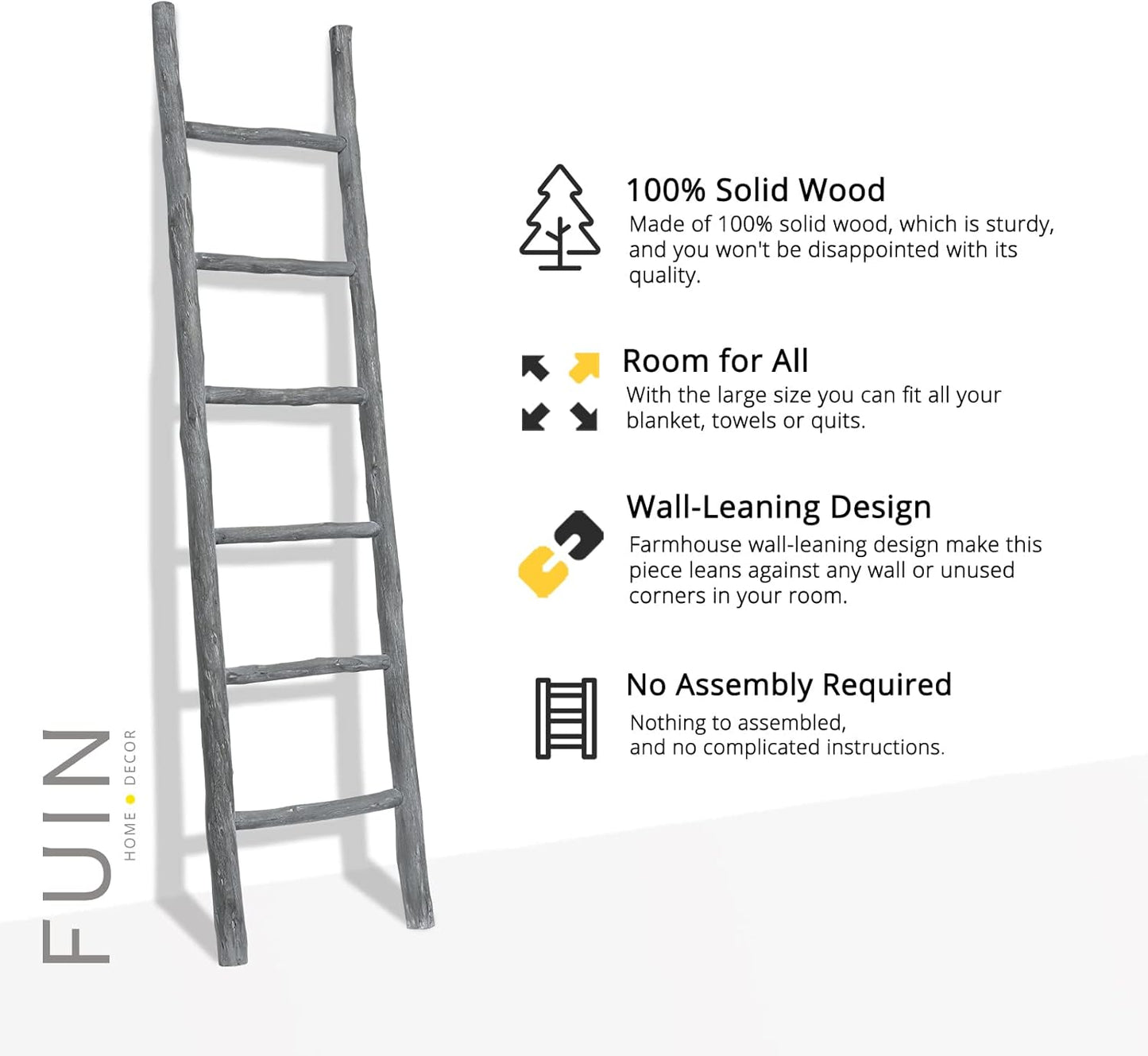 FUIN 57in Wood Blanket Ladder Living Room Decorative Wall Leaning Farmhouse Quilt Display Holder Rustic Wooden Towel Rack for Bathroom, Brown
