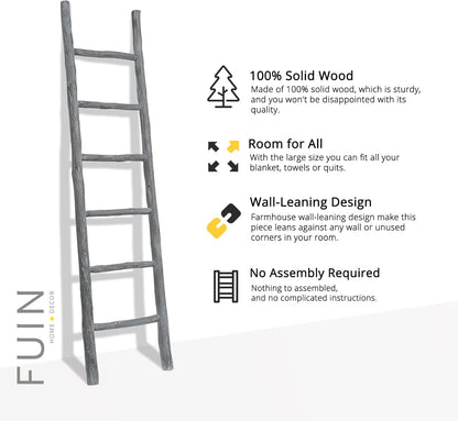 FUIN 57in Wood Blanket Ladder Living Room Decorative Wall Leaning Farmhouse Quilt Display Holder Rustic Wooden Towel Rack for Bathroom, Brown