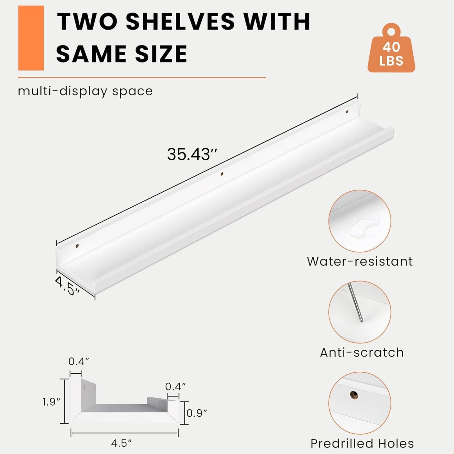 Heimlove Picture Ledge Shelf, Floating Shelves Set of 2, 24 Inches Picture Shelf for Wall with Ledge, Kids Bookshelf Wall Mounted for Living Room Bedroom Decor Books Photo Frames - White