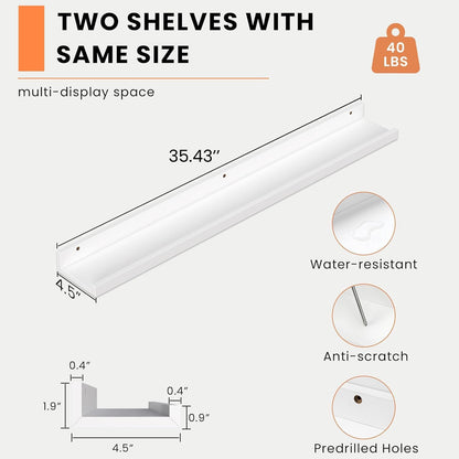Heimlove Picture Ledge Shelf, Floating Shelves Set of 2, 24 Inches Picture Shelf for Wall with Ledge, Kids Bookshelf Wall Mounted for Living Room Bedroom Decor Books Photo Frames - White