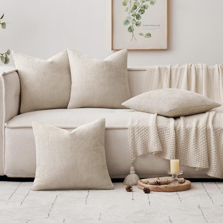 MIULEE Pack of 4 Couch Throw Pillow Covers 18x18 Inch Neutral Soft Decorative Chenille Pillow Covers Farmhouse Boho Cushion Covers for Mid Century Modern Spring Home Decor Sofa Bedroom Living Room